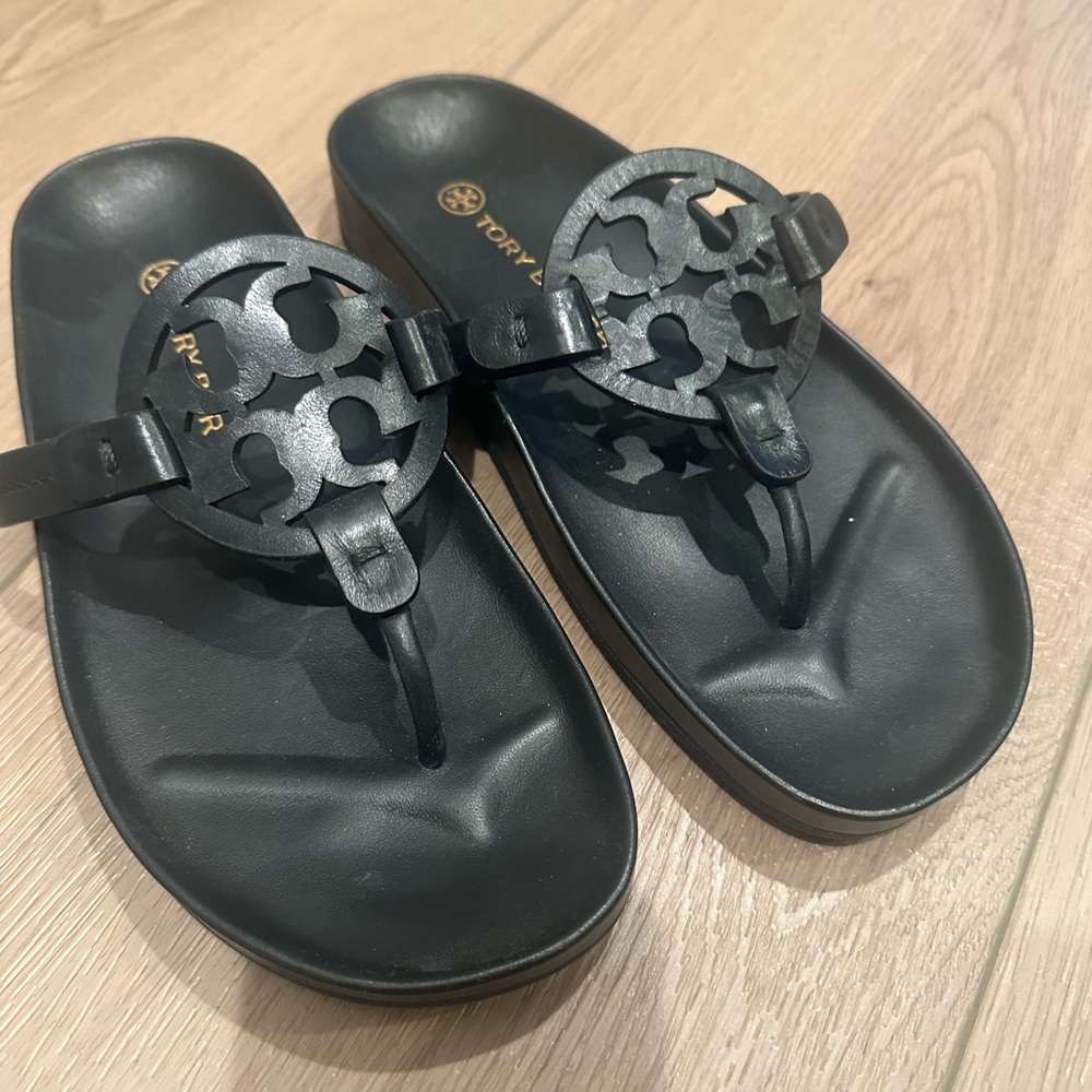 Tory Burch Black Logo Cloud Leather Miller Sandals